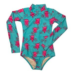 Mott 50‎ Toddler Girls Swimsuit Sz 2 Green Pink One Piece Zip Long Sleeve UPF50